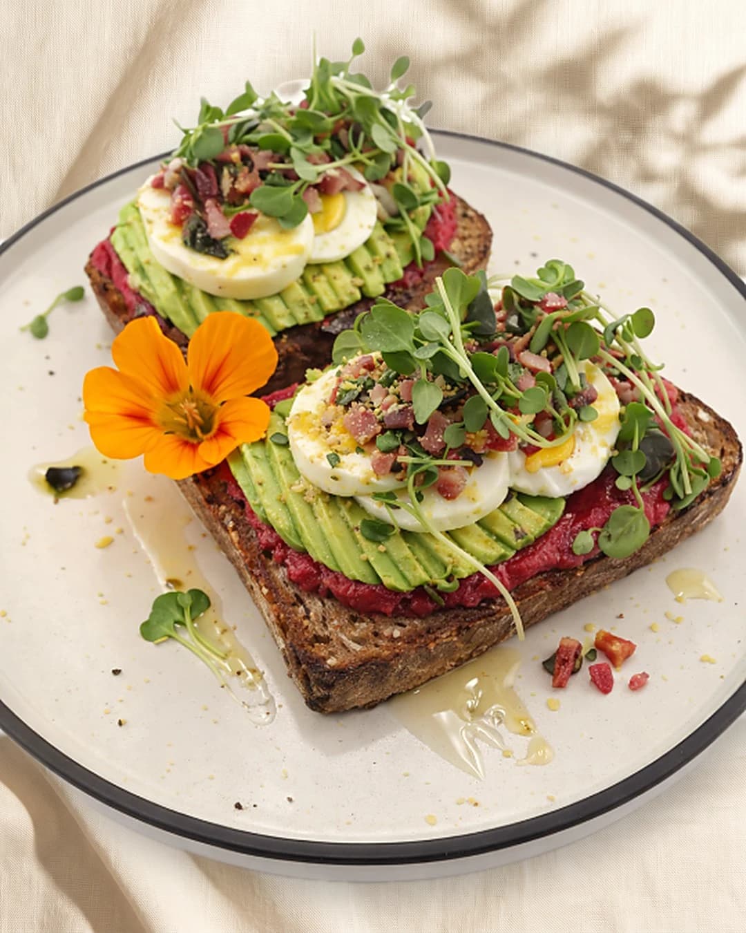 Harvest Toast — sourdough with beet hummus, avocado, egg and microgreens, as served at the café