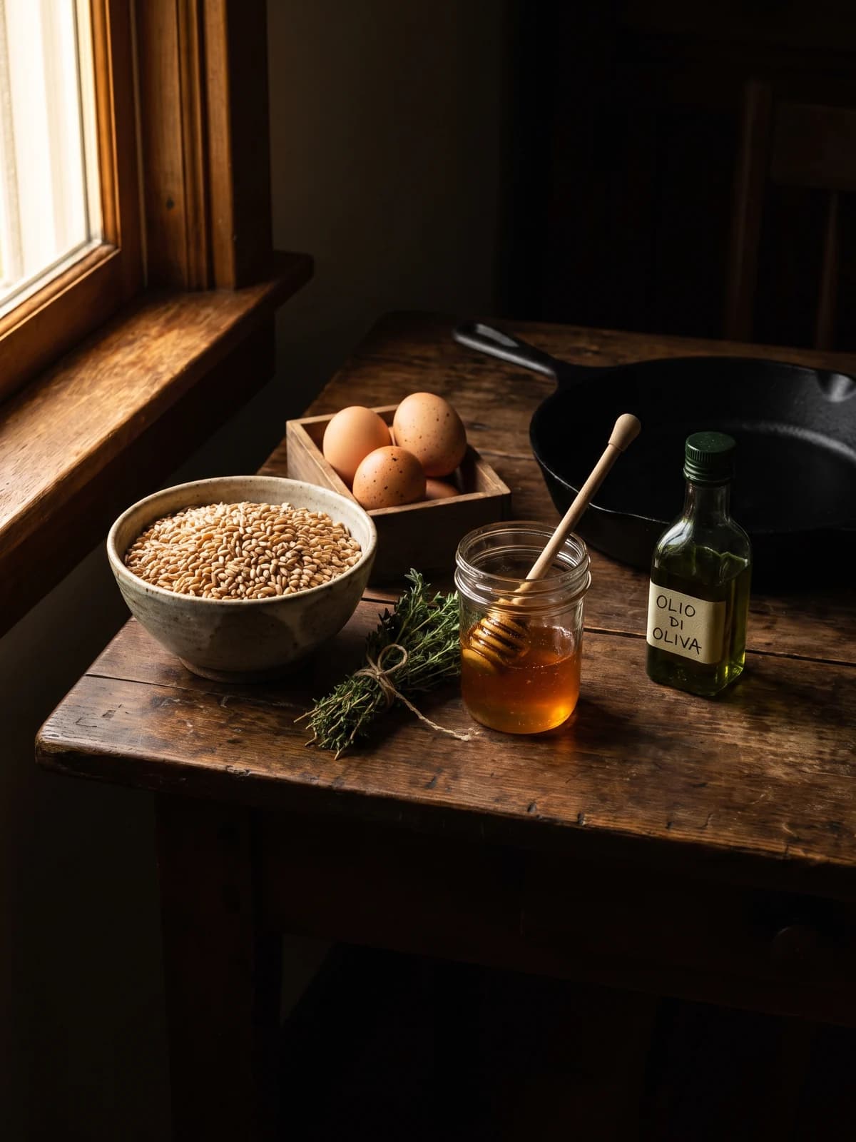 Einkorn grain, farm eggs, raw honey, thyme and olive oil on a dark kitchen table