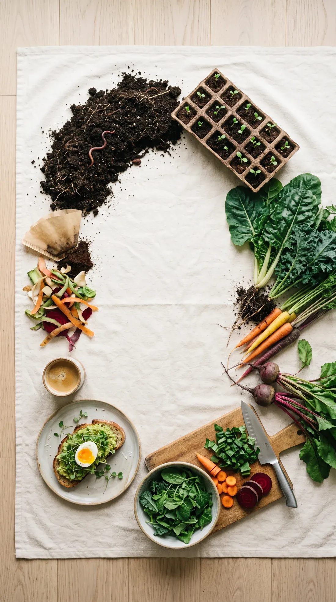 An overhead ring showing the full cycle: compost, seedlings, harvested vegetables, a prep board, a finished plate with coffee, and trimmings returning to the soil